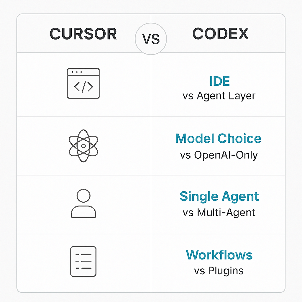 Side-by-side comparison of Cursor and Codex features and use cases